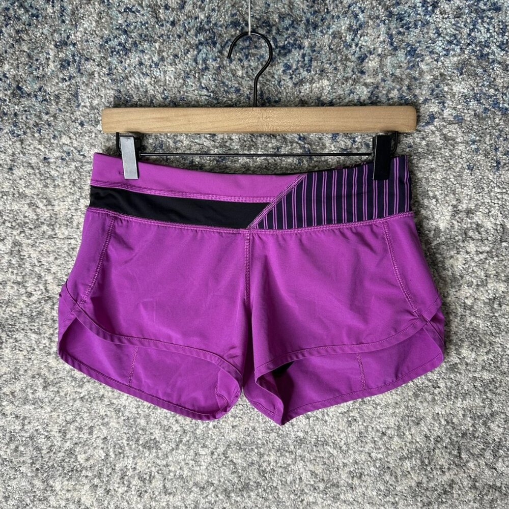 Lululemon Running Shorts Womens 4 Purple Lined Striped Waist Zip Pocket Athletic